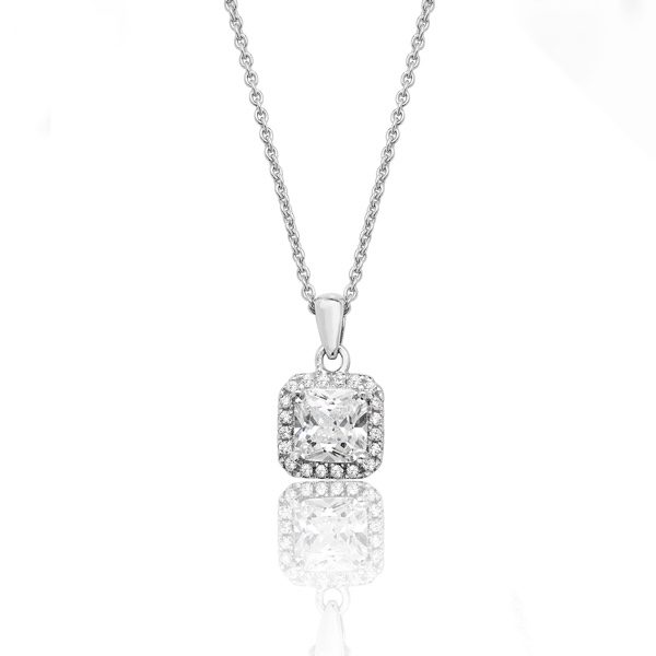 Silver Cushion Halo Cubic Zirconia Necklace - Northumberland Goldsmiths