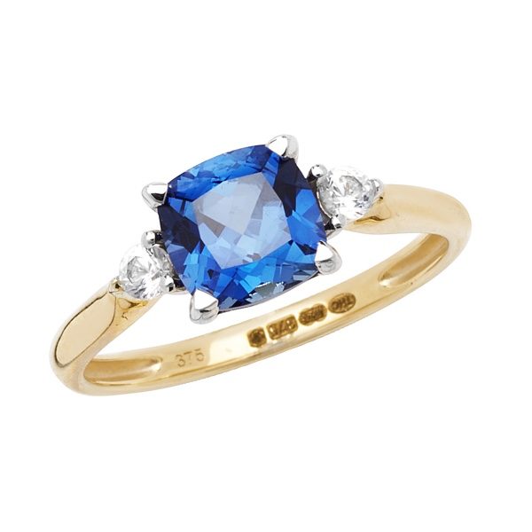 9 carat gold cushion shape created sapphire dress ring