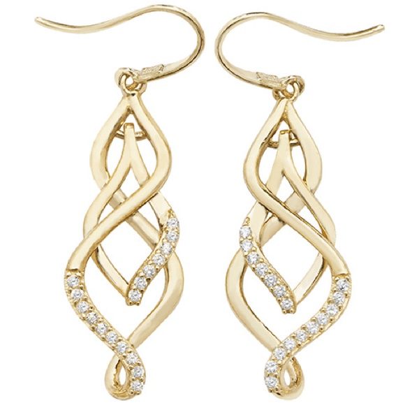 9 carat yellow gold fish hook earrings set with cubic zirconias