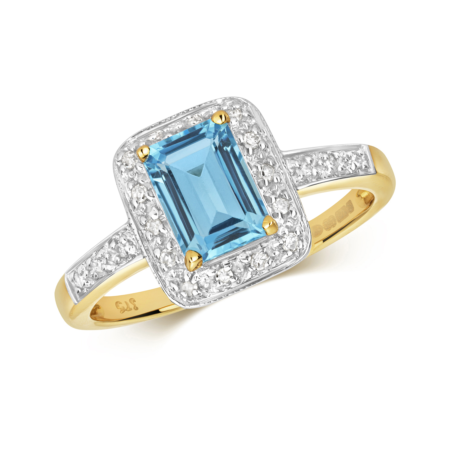 BLUE TOPAZ (swiss blue) + DIAMONDS YELLOW GOLD VICTORIA DIAMONDS RING