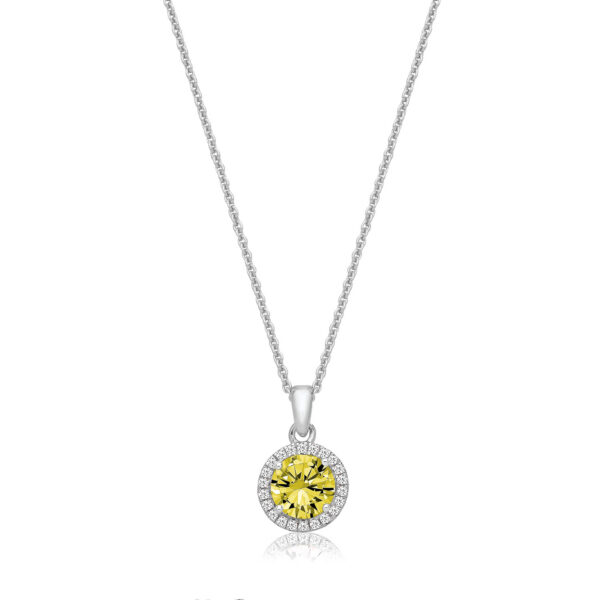 Silver Round Halo Yellow Cz Necklace