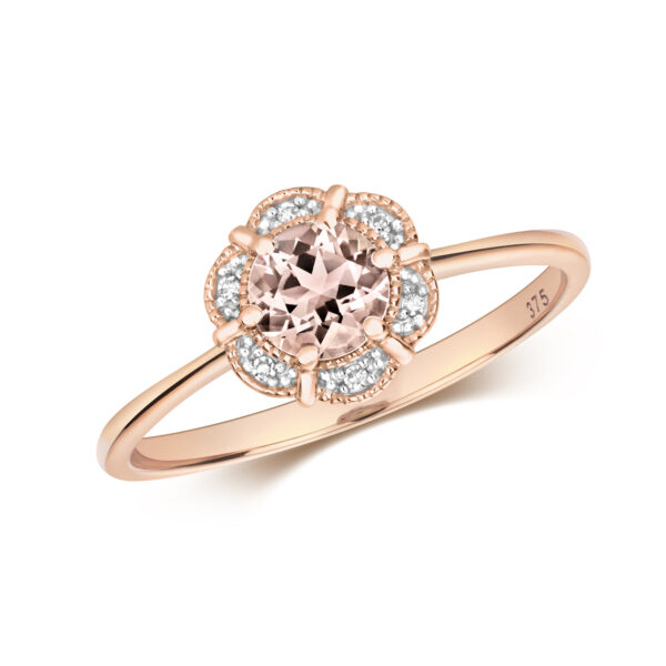 9 carat rose gold diamond and morganite dress ring