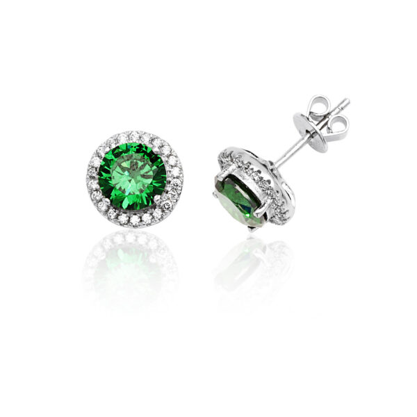 silver round green and white cz stud earrings