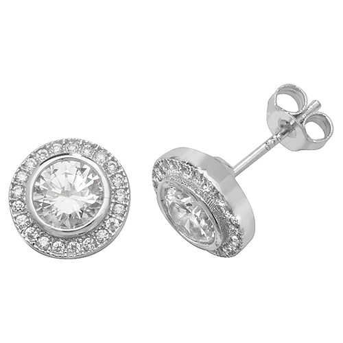 silver halo cz earrings