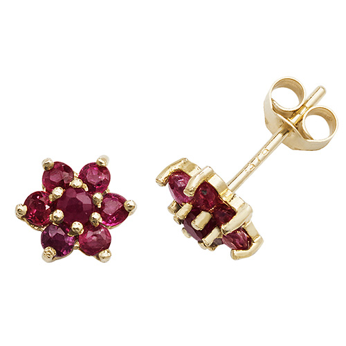 9 carat yellow gold ruby flower earrings