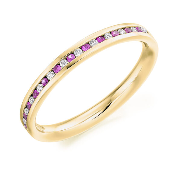 9 carat yellow gold pink sapphire and diamond eternity ring
