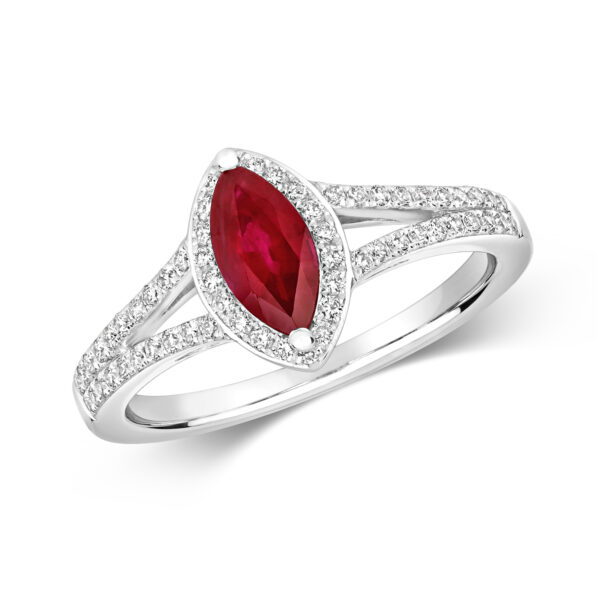 9 carat white gold marquise ruby and diamond engagement ring