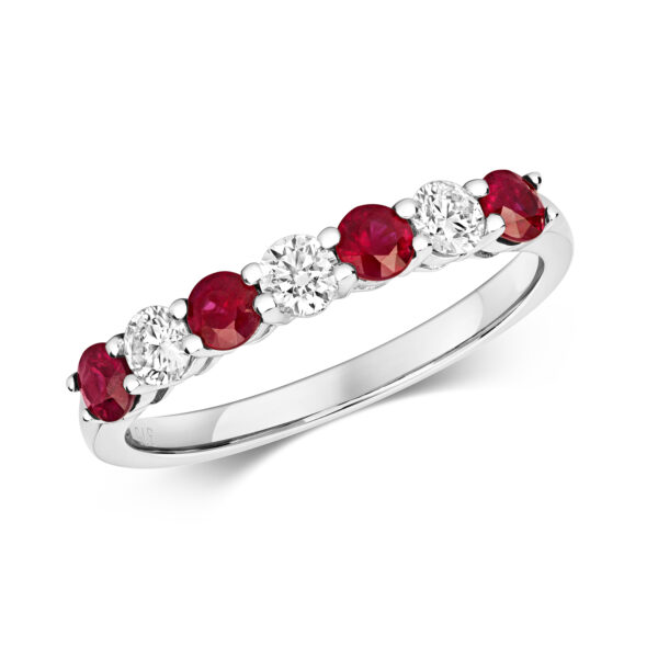 9 carat white gold seven stone eternity ring ruby and diamond