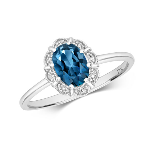 9 carat white gold blue topaz diamond ring