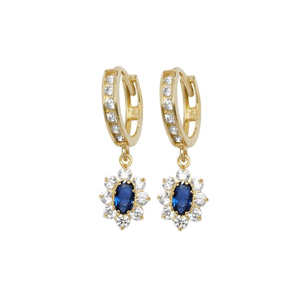 9 carat yellow gold blue and white cubic zirconia cluster drop earrings