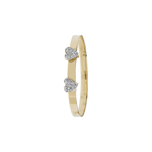 9 carat yellow gold double cz heart baby bangle