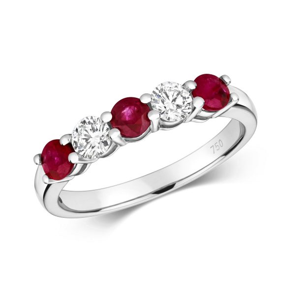 Ruby and diamond five stone ring 18 carat white gold