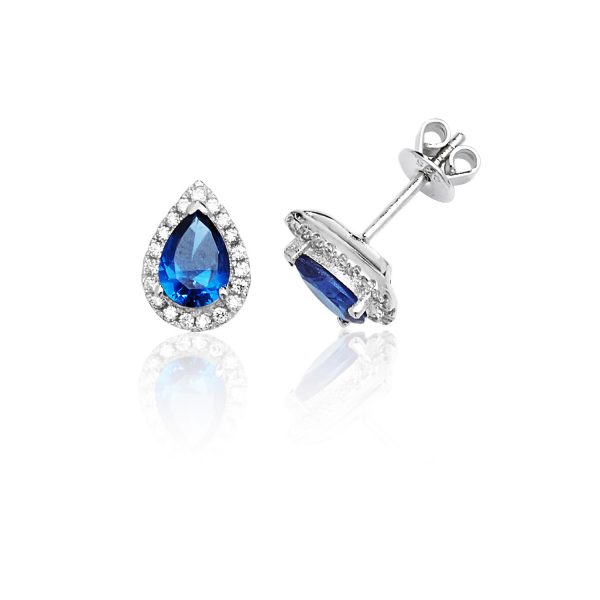 silver blue and white pear cz stud earrings