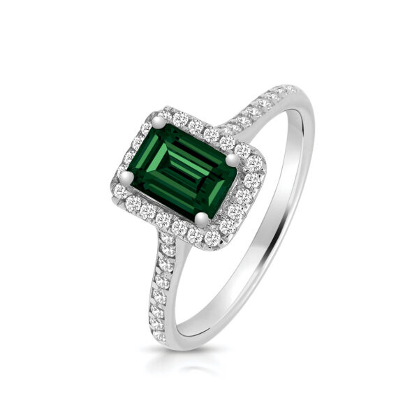 Silver Emerald Cut Green White CZ Ring