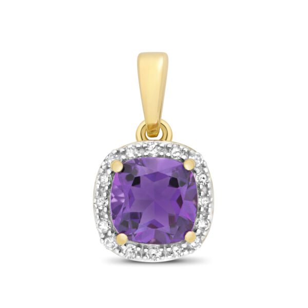 9 carat yellow gold cushion shape amethyst and diamond pendant