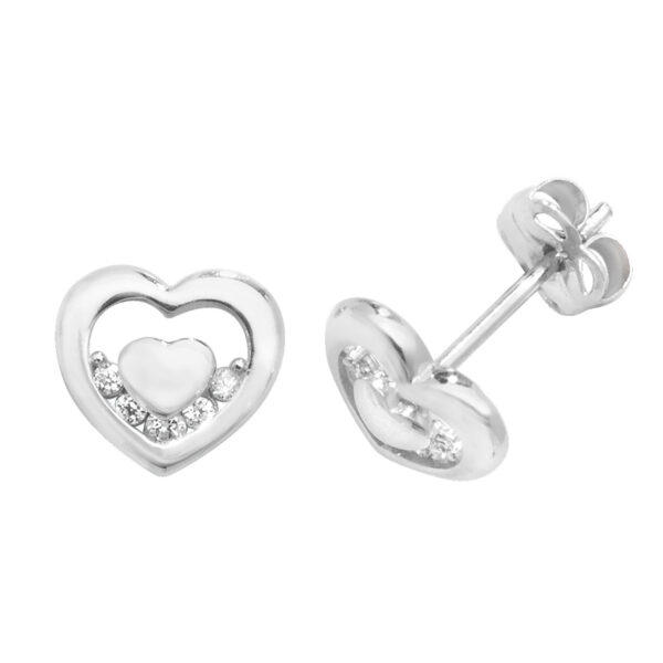 9 carat white gold hearty shape cz earrings