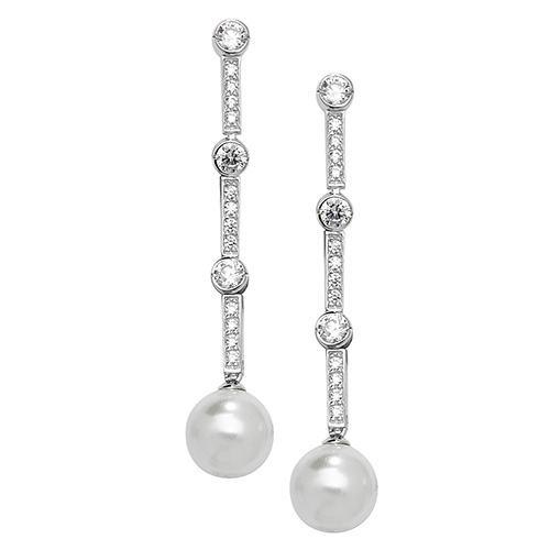 Sterling silver pearl and CZ drop earrings