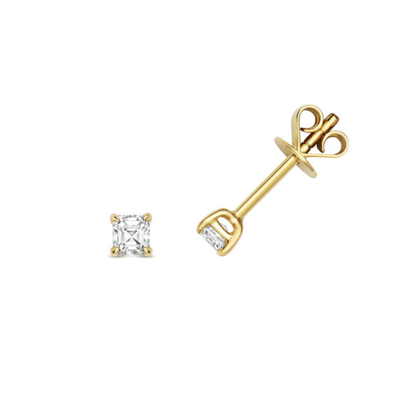 18 carat yellow gold asscher cut shape diamond stud earrings