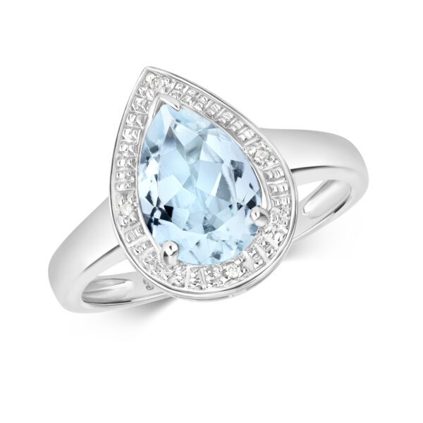 9ct White Gold Diamond And Aquamarine Pear Shape Ring