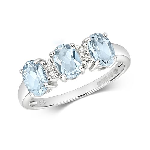 9ct White Gold Aqua Marine and Diamond 3 Stone Ring