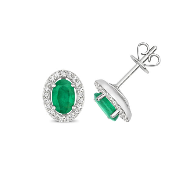 Emerald and diamond halo stud earrings. 9ct white gold