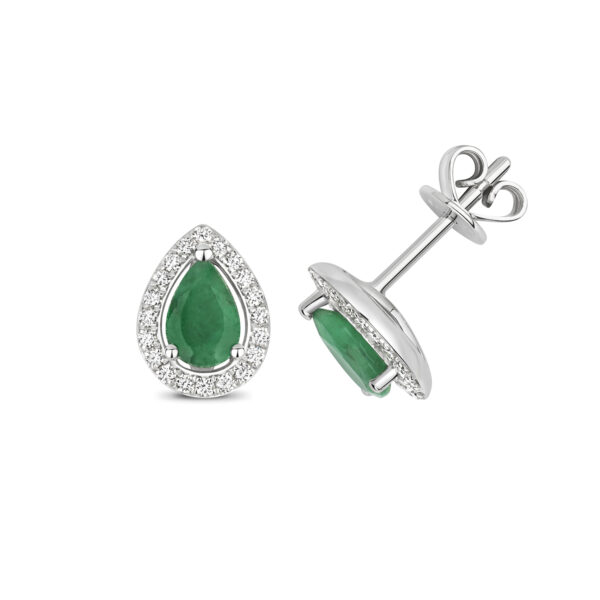 Emerald and diamonds pear shaped stud earrings 9ct white gold