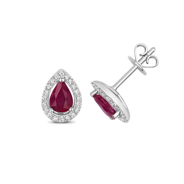 Ruby and diamond stud earrings. 9ct white gold. pear shape