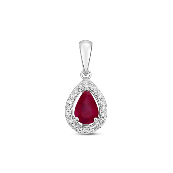 ruby and diamond pear shaped pendant. 9ct white gold.