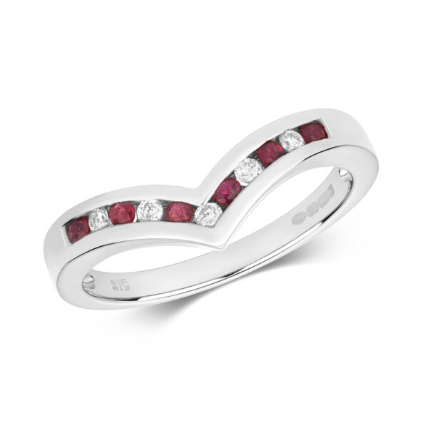 9 carat white gold ruby and diamond wishbone eternity ring