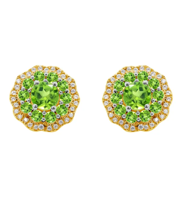 9 carat yellow gold diamond and peridot cluster earrings