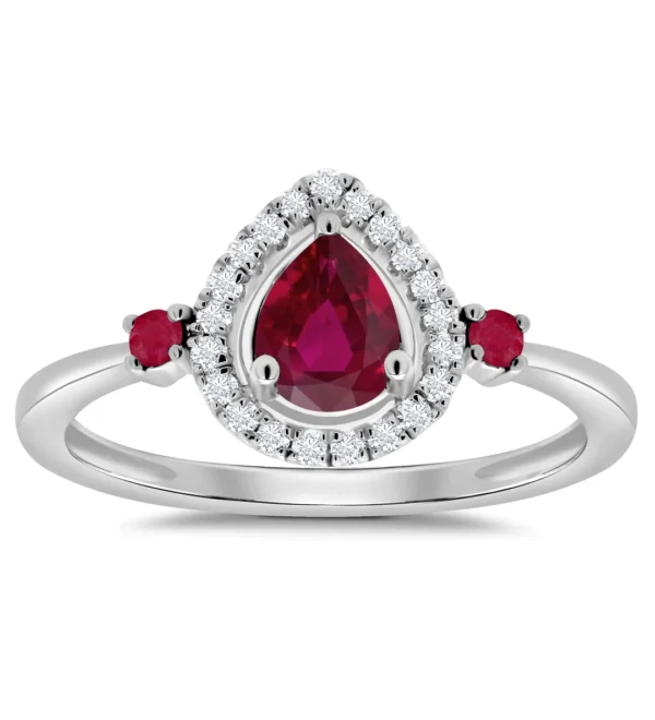 9 carat white gold pear ruby and diamond ring