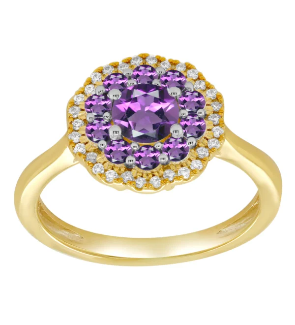 9 carat yellow gold amethyst and diamond cluster ring