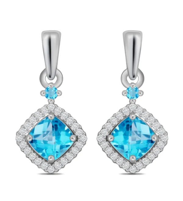 9 carat white gold cushion shape blue topaz and diamond drop earrings