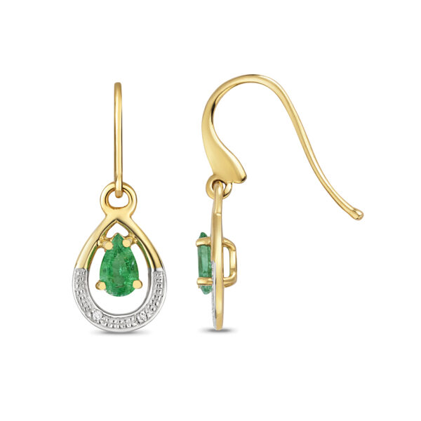 9ct yellow gold diamond and emerald drop earrings