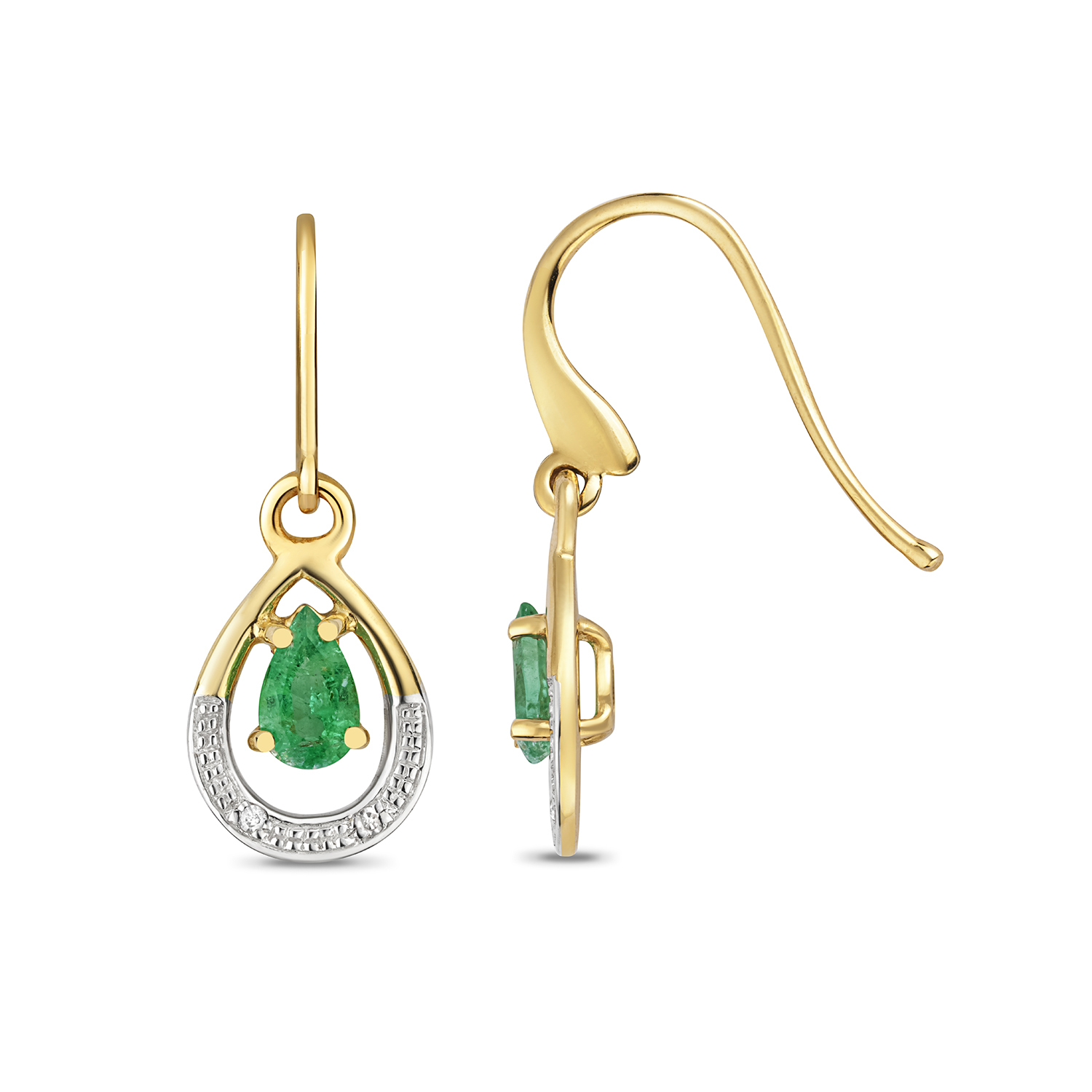 9ct yellow gold diamond and emerald drop earrings