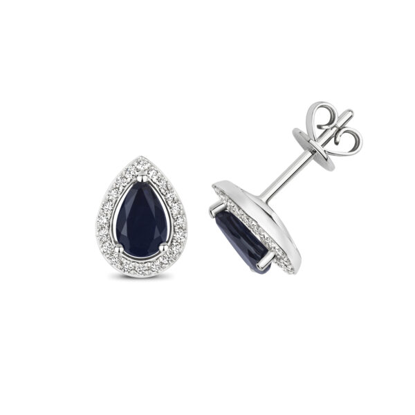 9ct white gold pear shaped sapphire and diamond stud earrings.
