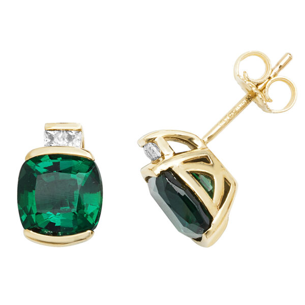 Gold Cushion Created Emerald Earrings