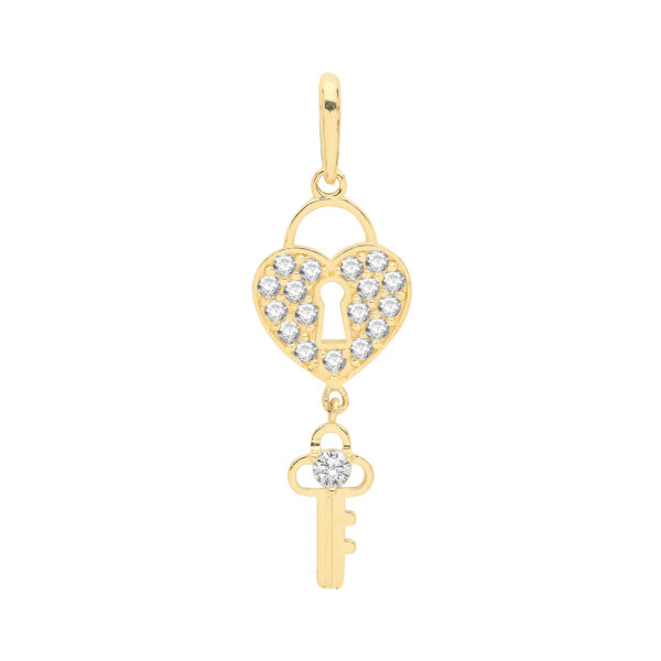9 carat yellow gold cz key and heart charm