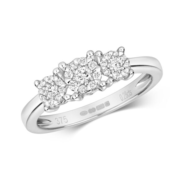 9 carat white gold three stone diamond ring