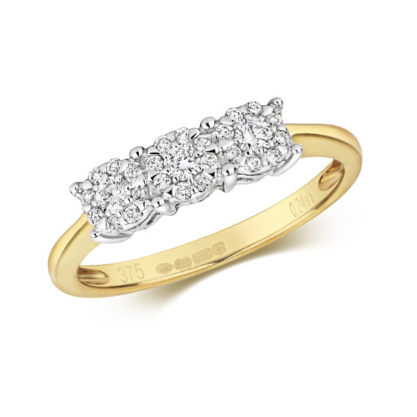 9 carat yellow gold three stone design diamond ring