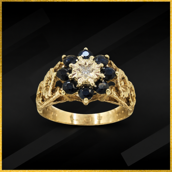 9 carat yellow gold sapphire and diamond ring