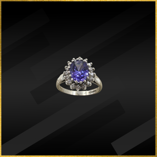 9 carat gold white and tanzanite coloured cz cluster ring
