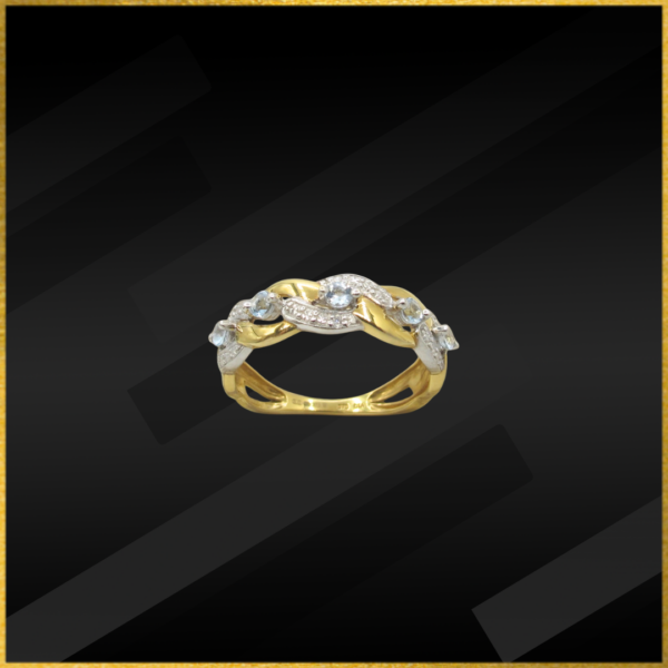 9 carat yell0w gold aquamarine and diamond twisted ring