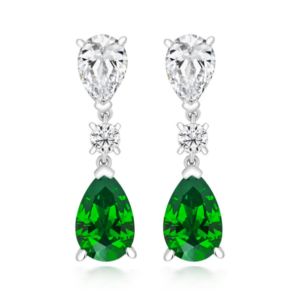 silver green cz and white cz pear drop earrings