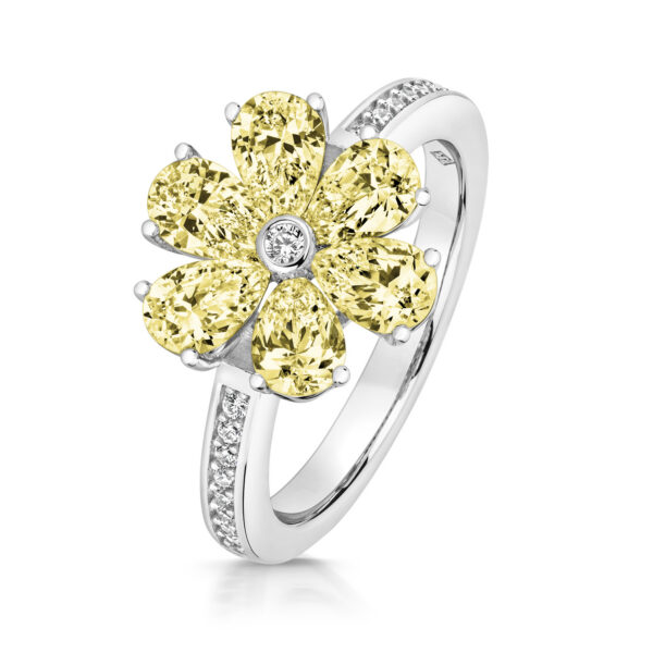 silver yellow cz flower ring
