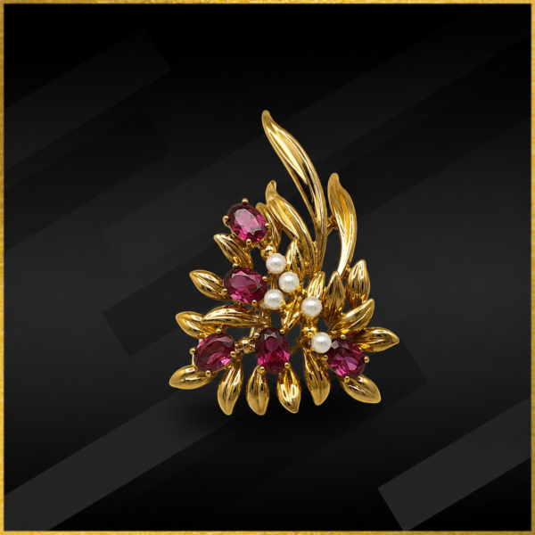 9 carat yellow gold rhodolite garnet and pearl brooch