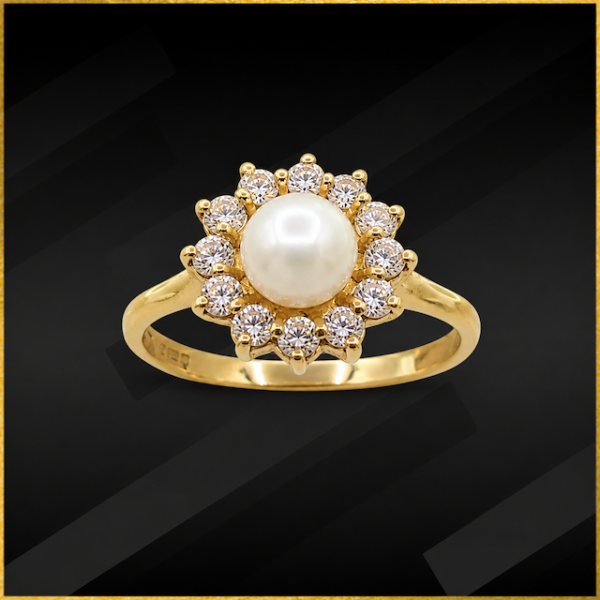 9 carat yellow gold cubic zirconia and pearl ring