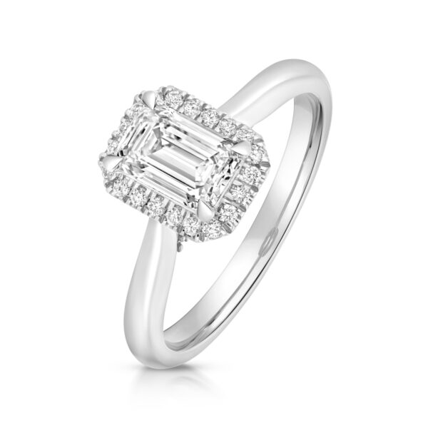 emerald cut diamond halo ring