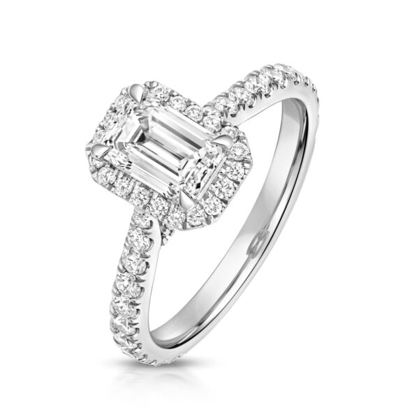 emerald cut diamond halo with diamond set shoulders