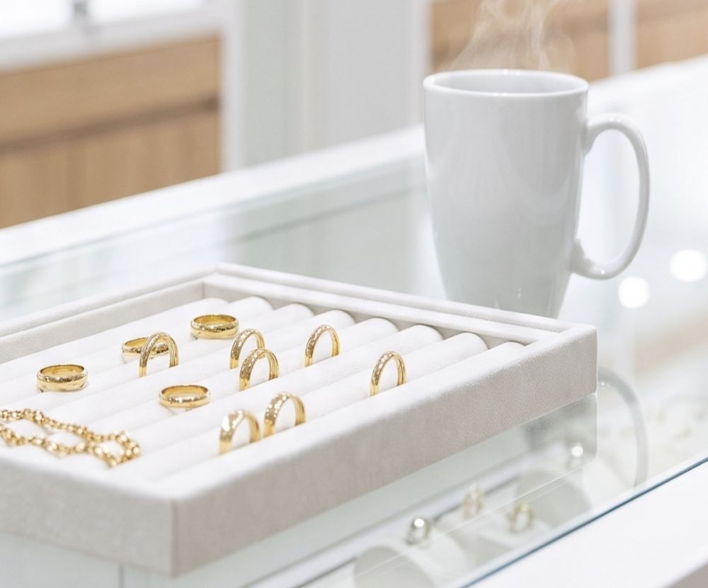 Gold rings and a chain displayed on a jeweller's tray